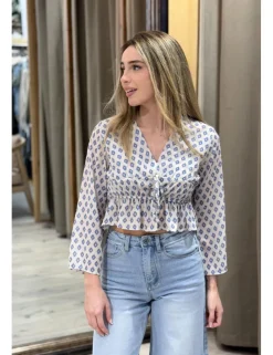 Blusa crespón rombos beige-celeste