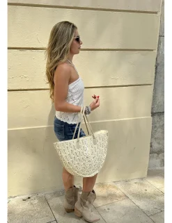 Bolso de esparto semicircular beige