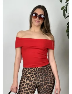 Camiseta bardot canalé roja