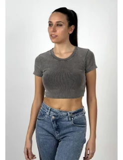 Camiseta delavada canalé gris