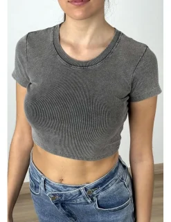 Camiseta delavada canalé gris