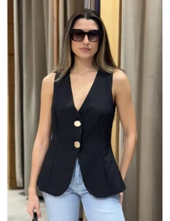 Chaleco de traje botones dorados negro
