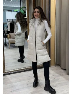 Chaleco largo efecto piel acolchado beige