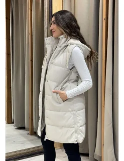 Chaleco largo efecto piel acolchado beige