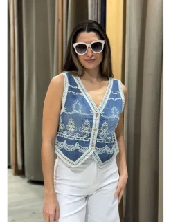 Chaleco tejano bordado azul denim