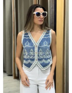 Chaleco tejano bordado azul denim