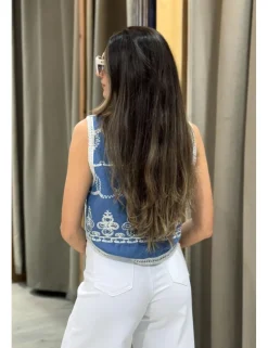 Chaleco tejano bordado azul denim