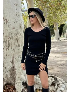 Cinturón ancho tachas negro-plata