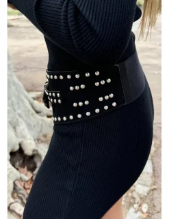 Cinturón ancho tachas negro-plata