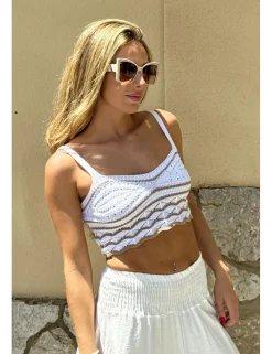 Crop top crochet blanco-cámel