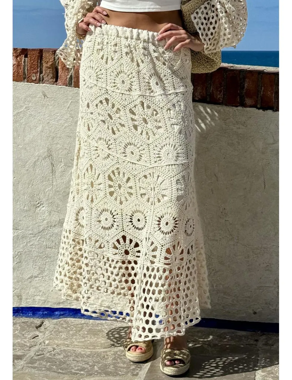 Falda larga ganchillo beige