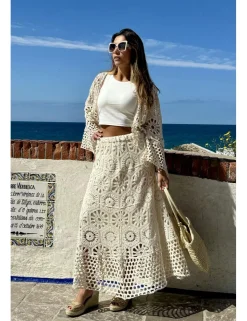 Falda larga ganchillo beige