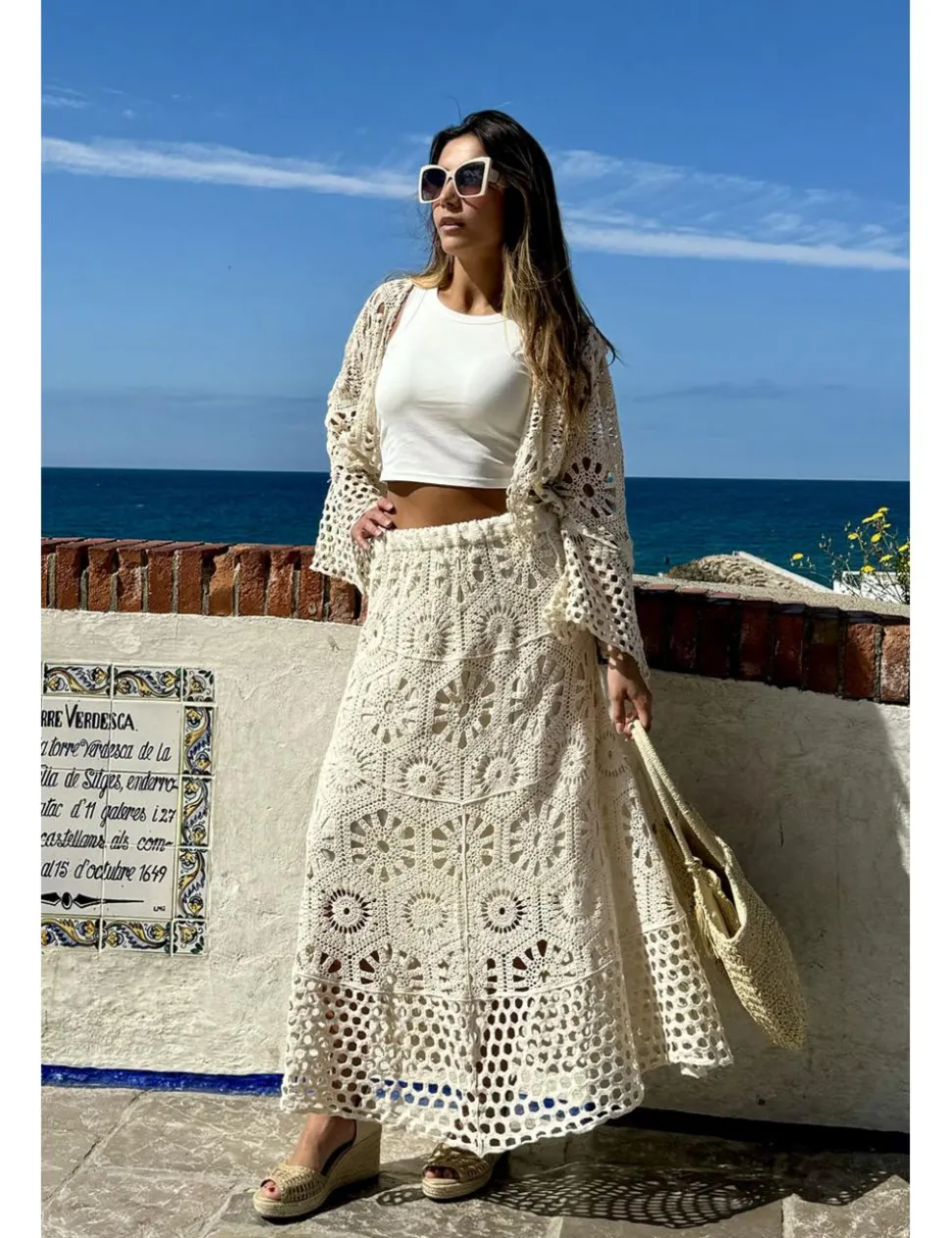 Falda larga ganchillo beige