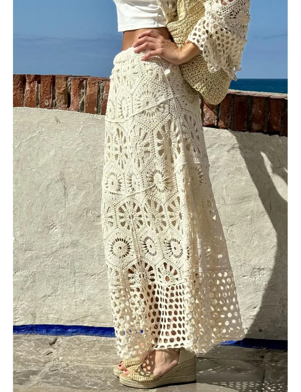 Falda larga ganchillo beige