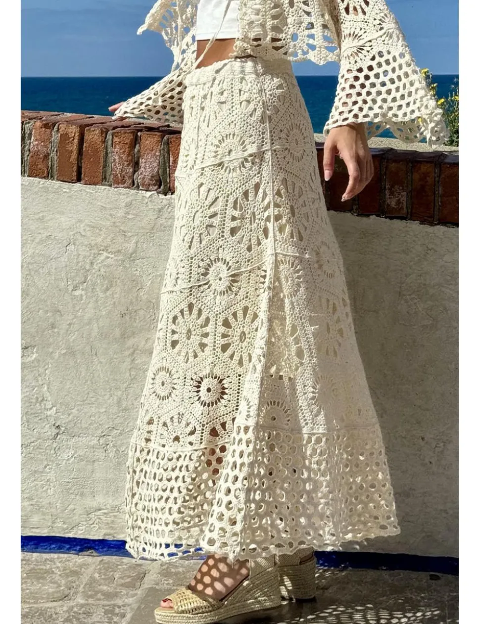 Falda larga ganchillo beige