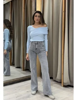 Jeans wide leg bolsillos gris