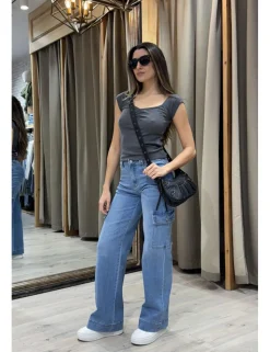 Jeans wide leg cargo azul lavado