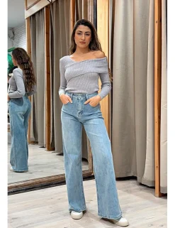 Jeans wide leg pinzas azul