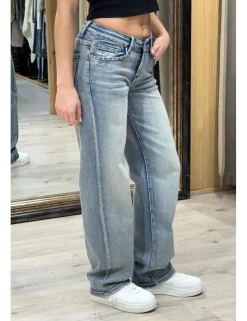Jeans wide leg tachitas azul