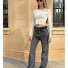 Jeans wideleg bajo deshilachado gris