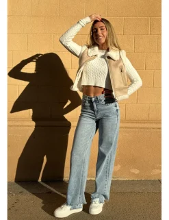 Jeans wideleg bajo deshilachado azul