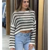 Jersey punto calado rayas crudo-negro