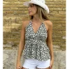 Top estampado cuello pico crudo-negro
