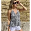 Top estampado cuello pico crudo-marino