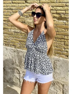 Top estampado cuello pico crudo-marino