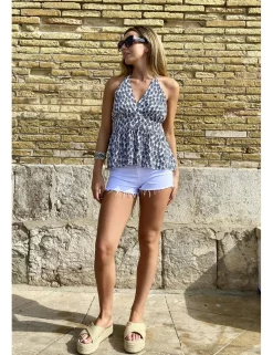 Top estampado cuello pico crudo-marino