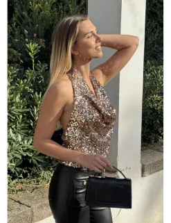 Top lentejuelas cascada beige-dorado