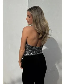 Top lentejuelas cascada plata-negro