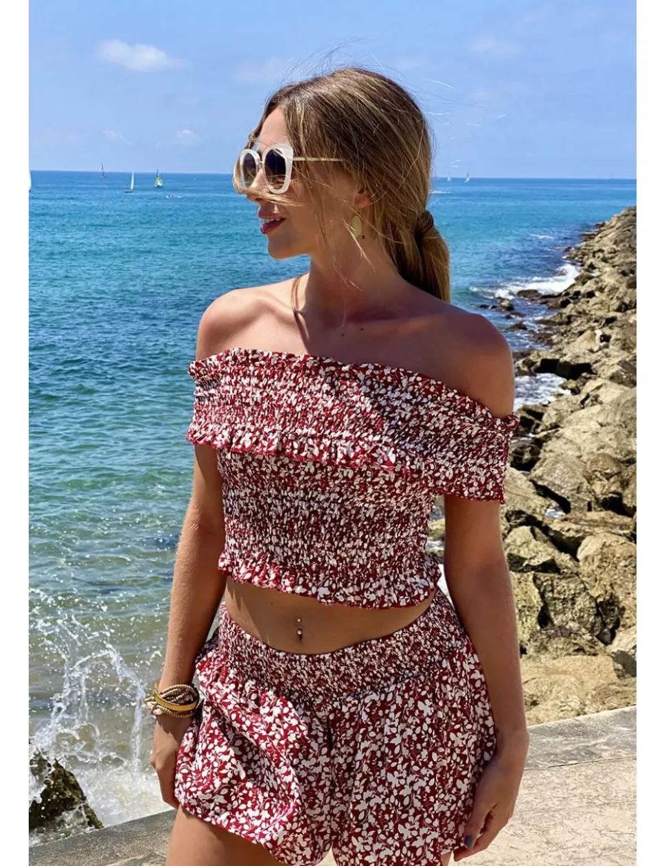 Top nido de abeja granate-blanco