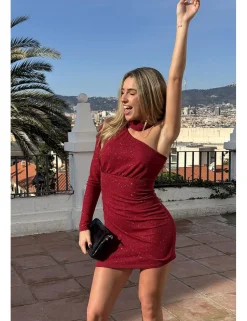 Vestido asimétrico lúrex granate