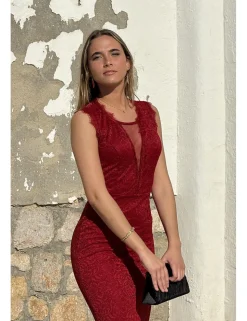 Vestido blonda largo burdeos