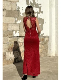 Vestido blonda largo burdeos