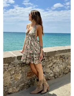 Vestido boho corto estampado kaki-crudo