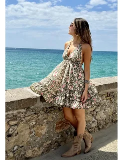 Vestido boho corto estampado kaki-crudo