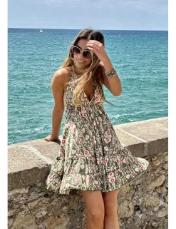 Vestido boho corto estampado kaki-crudo