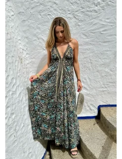 Vestido boho largo estampado negro-turquesa