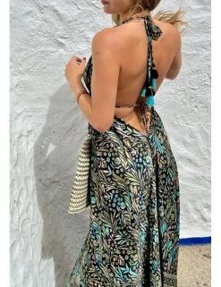 Vestido boho largo estampado negro-turquesa