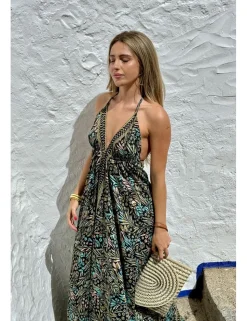 Vestido boho largo estampado negro-turquesa
