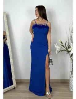 Vestido ceñido plumas azulón