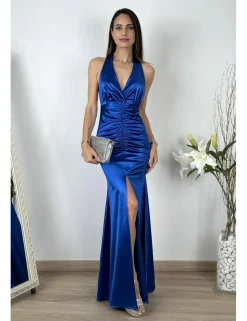 Vestido de raso drapeado azulón