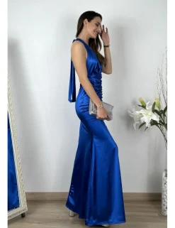 Vestido de raso drapeado azulón