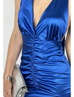 Vestido de raso drapeado azulón