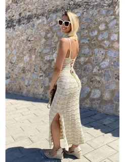 Vestido ganchillo ondas beige-crudo
