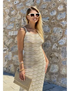 Vestido ganchillo ondas beige-crudo