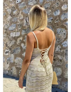 Vestido ganchillo ondas beige-crudo