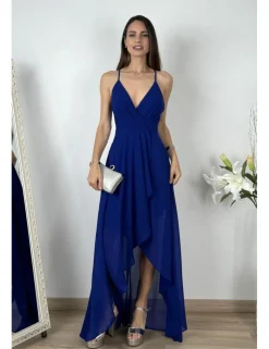 Vestido gasa falda asimétrica azulón